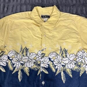 OP Ocean Pacific Yellow Blue Floral Hawaiian Button Up Shirt Mens Size Large